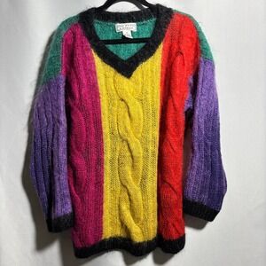 VTG Fenn Wright & Manson Color Block Mohair Blend Cable‎ Knit Sweater 80s 90s M